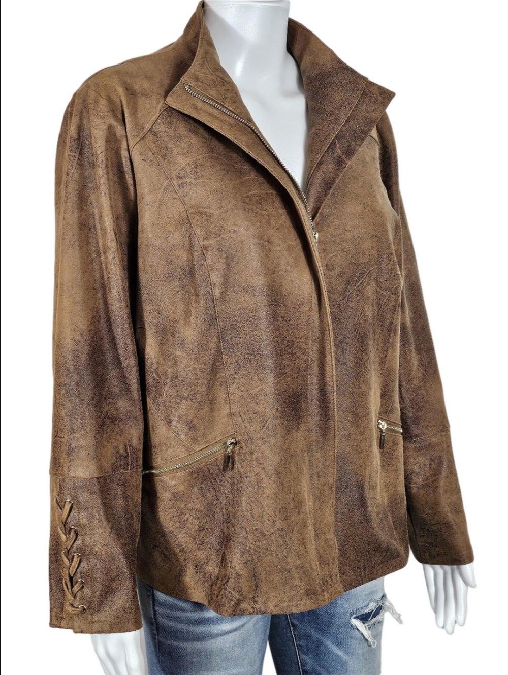 Chico's Distressed Brown Faux Suede Leather Lace Up Sleeve Zip Front Moto Jacket